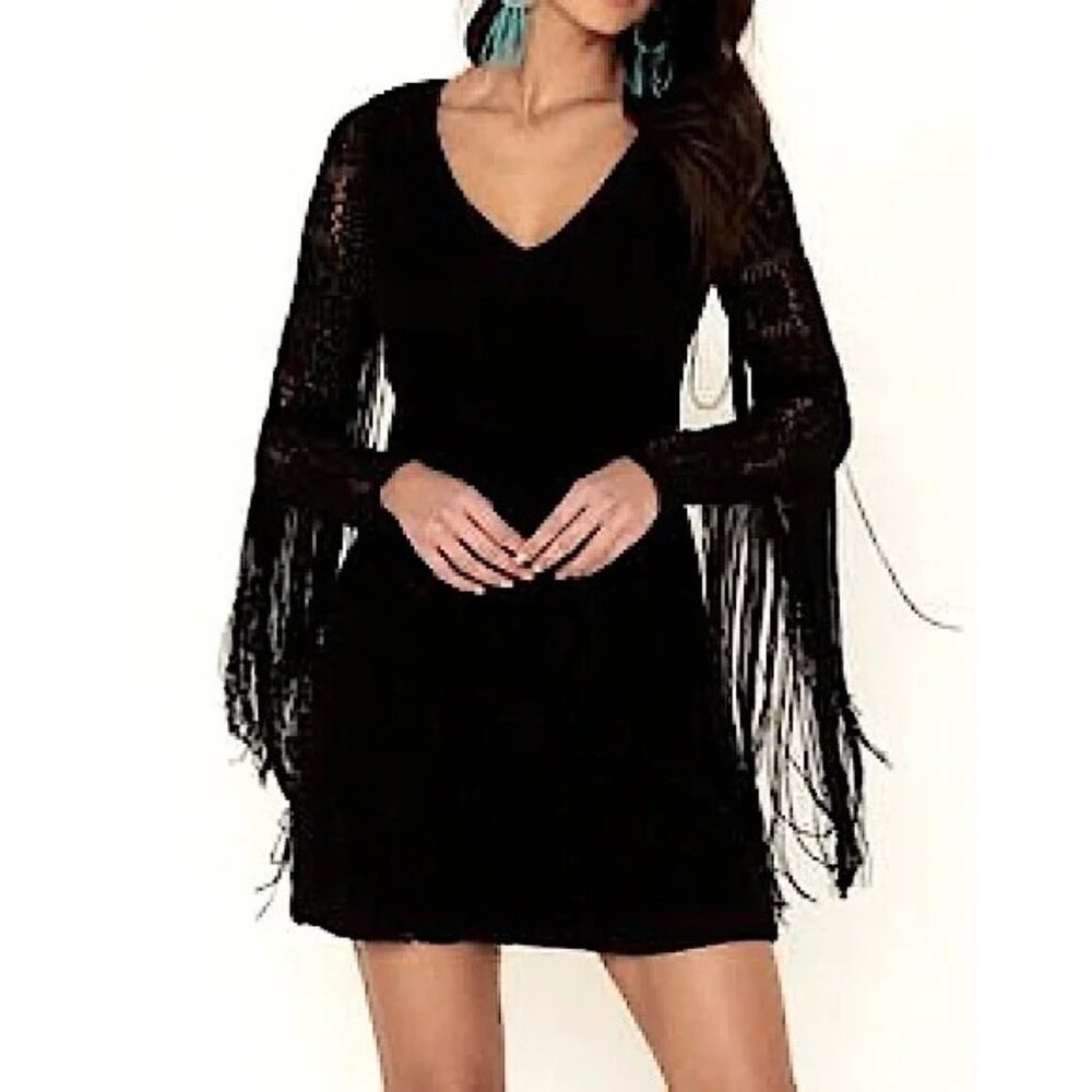 Idyllwind Black Long Sleeve Fringe Mini Dress